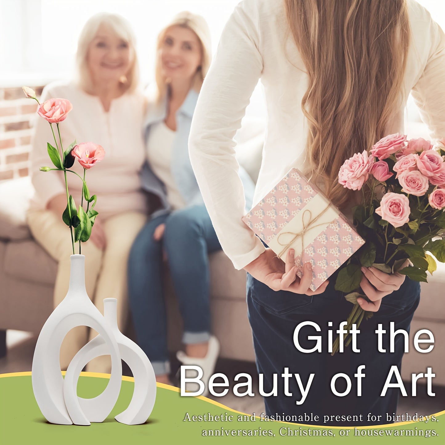 2pcs/set Ceramic Hollow Vase, Round Modern Donut Boho Aesthetic Vases for Nordic Minimalist Book Style Shelf Decor, Trendy Home Living Room Entryway Coffee Table Decorative