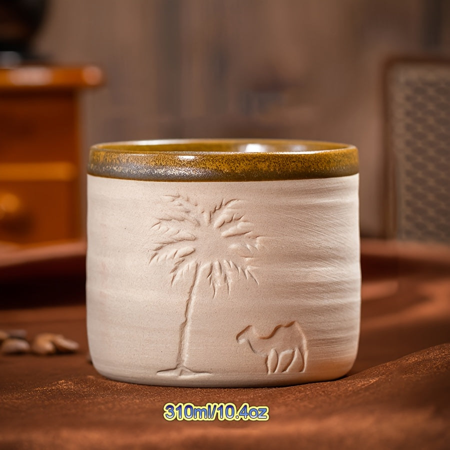 1pc YUMIPLUS Hand-Carved Desert Camel & Arabic Stoneware Coffee Cup - Ceramic Espresso, Tea, and Hot Beverage Vessel Suitable for Latte, Cappuccino, Cocoa - Middle Eastern