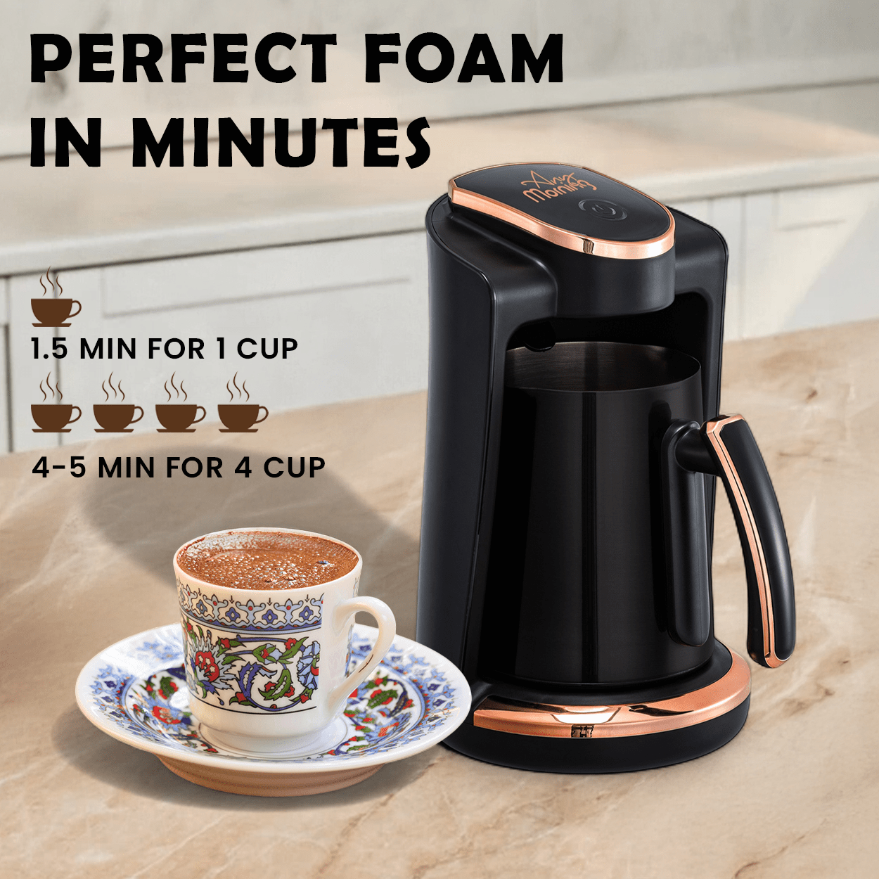 Any Morning Turkish/Arabic/Greek Coffee Maker, Automatic, Auto Shut Off, 4 Cup, Stainless Steel Turkish Coffee Pot