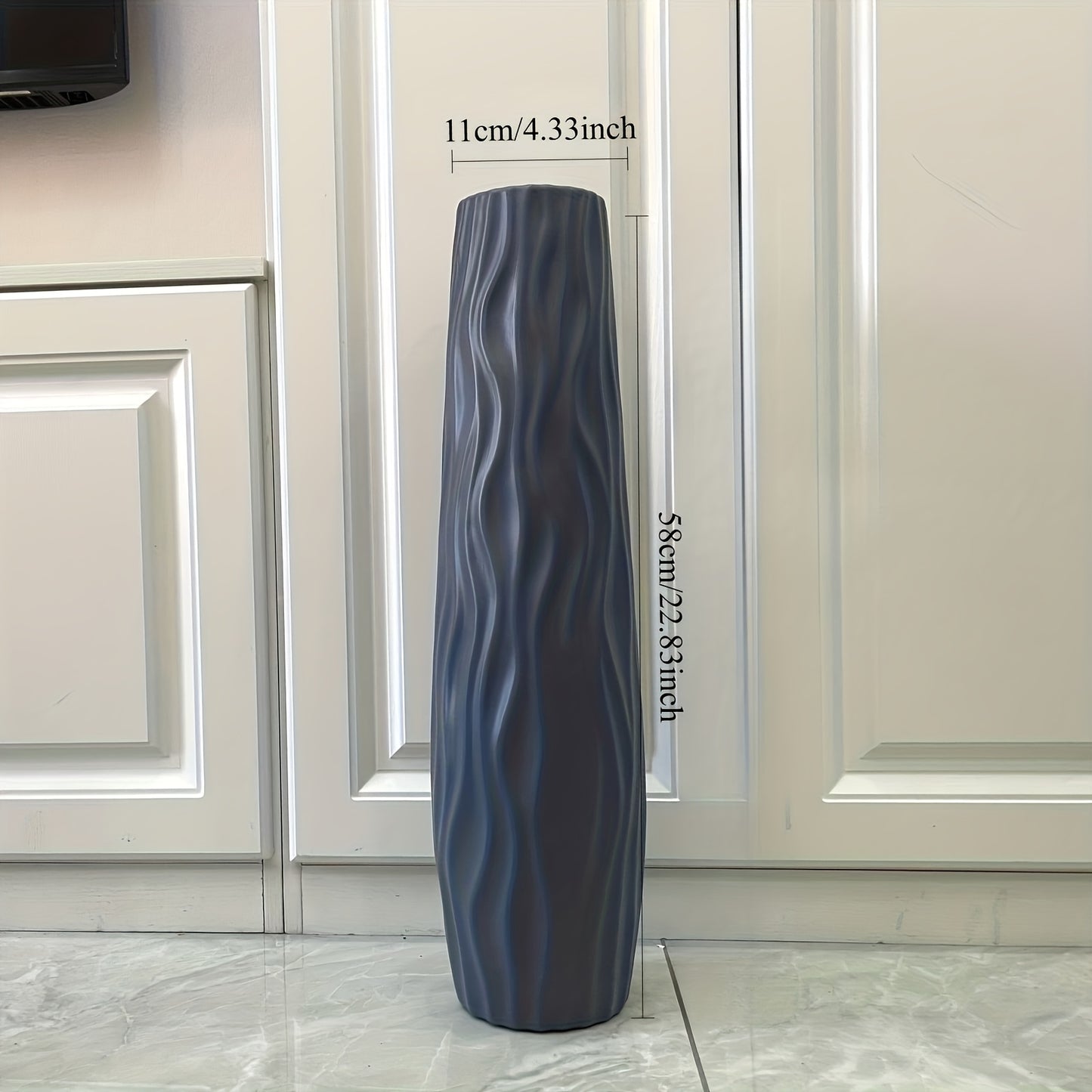 Large Durable Plastic Floor/cabinet Vase, 22.83inch High: Features a European Minimalist Modern Geometric Textured Cylinder Design, Available in White, Black, and Gray. Suitable for Hydroponic and Dried Flower Arrangements, L