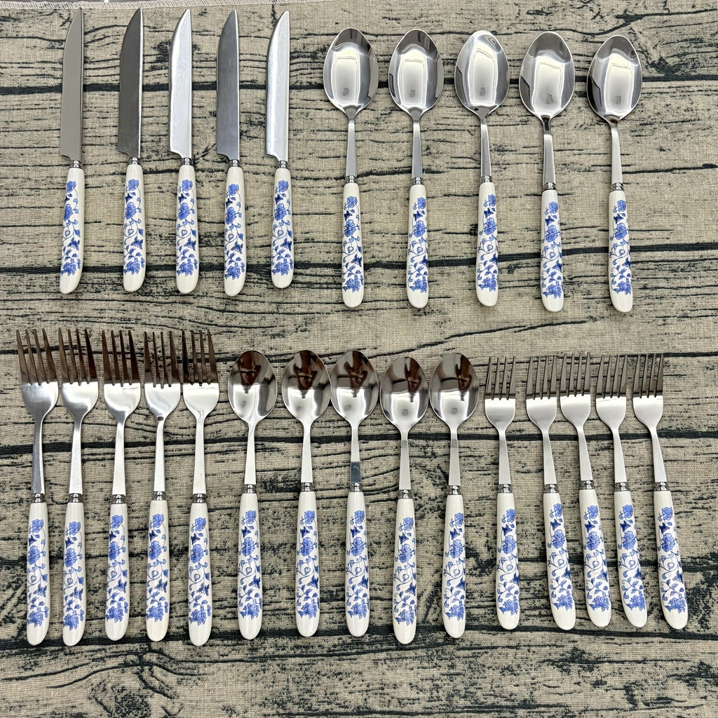 5/25pcs And Ceramic-Handle Stainless Steel Tableware | Includes Dinner, Fork, Spoon, And Dessert Spoon, Ideal For Home, Kitchen, And Restaurant Use