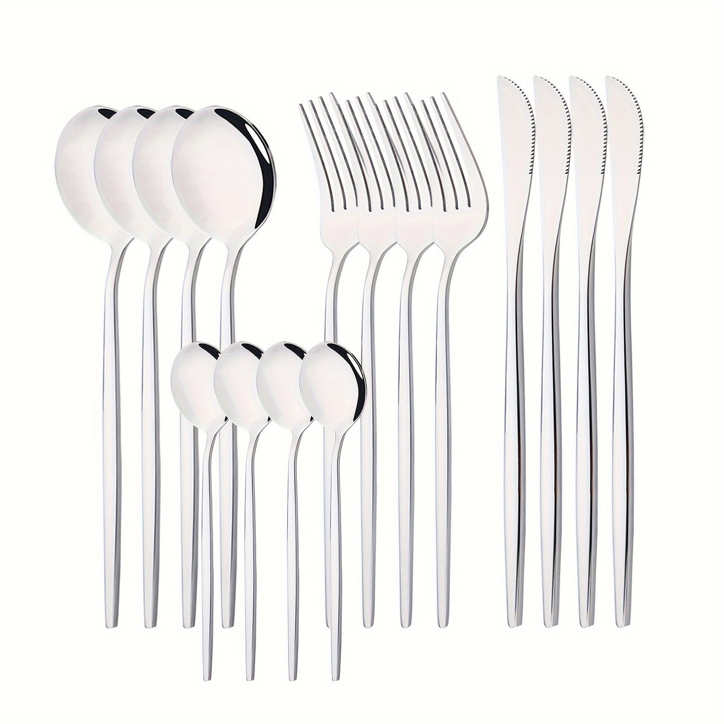 Mirror Polished Western Tableware Set 16pcs, Stainless Steel Tableware Set for 4 People, Including 4 Dinner Knives, 4 Dinner Forks, 4 Dinner Spoons, 4 Teaspoons, Suitable for Home Kitchen and Restaurant, Dishwasher Safe