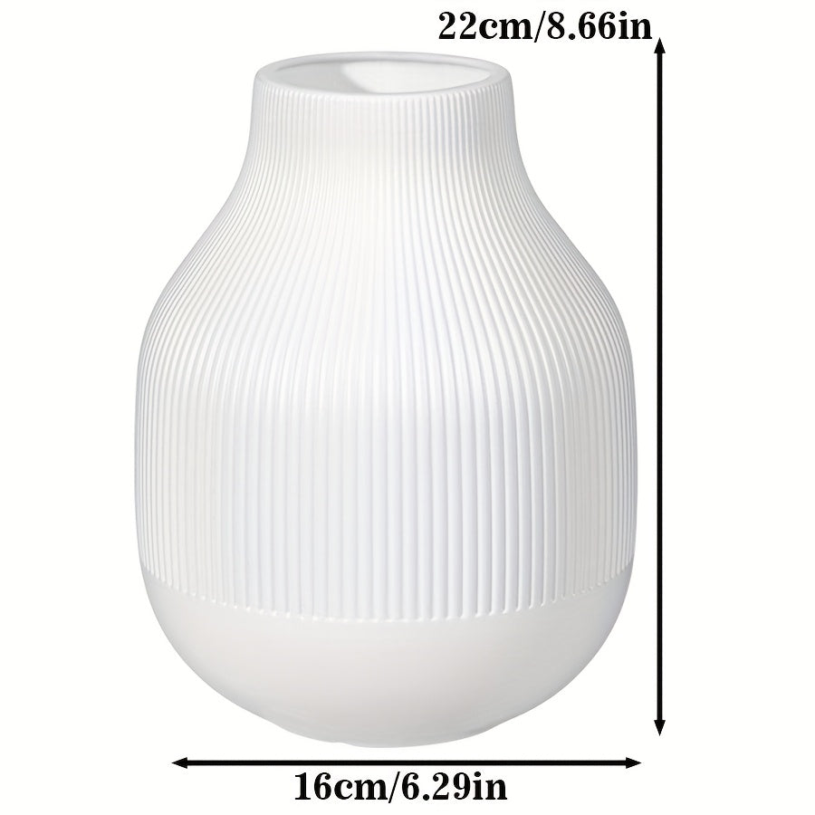 1pc White Minimalist Striped Plastic Vase | Nordic Modern Home Decor, Hydroponic Display Container, Suitable for Living Room, Dining Room, and Bedroom Display, Bohemian Style, Cylinder Shape, Use Without Electricity