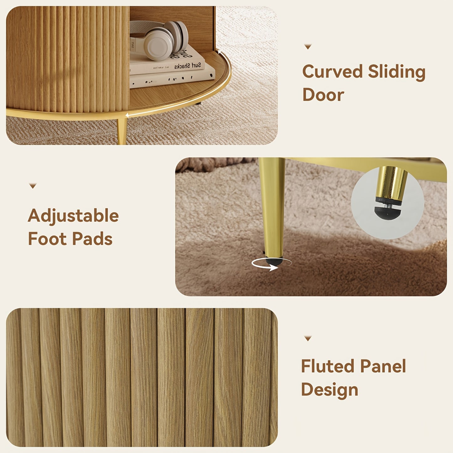 Modern Fluted Drum Coffee Table (31") with Hidden Storage & Sliding Doors – Oak Finish