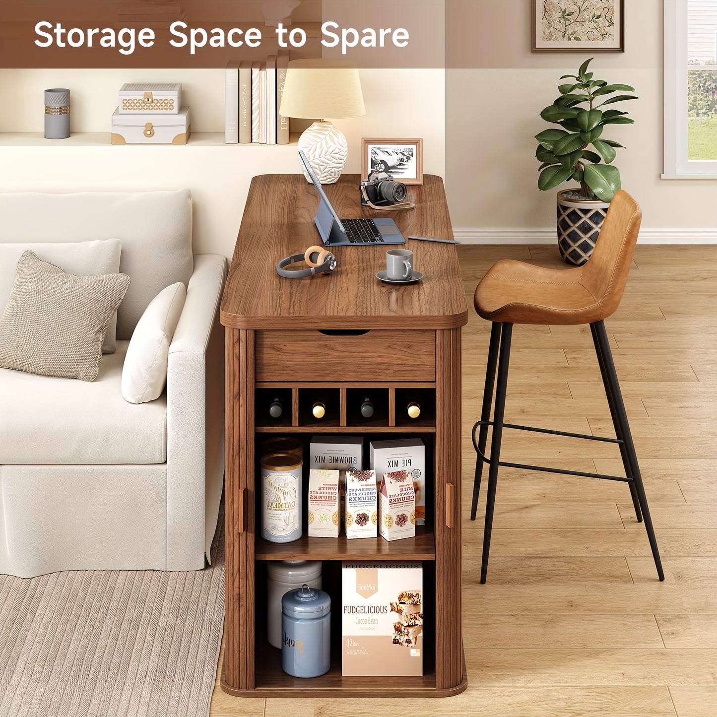 59” Kitchen Island with Storage & Sliding Door – Walnut Bar & Prep Table