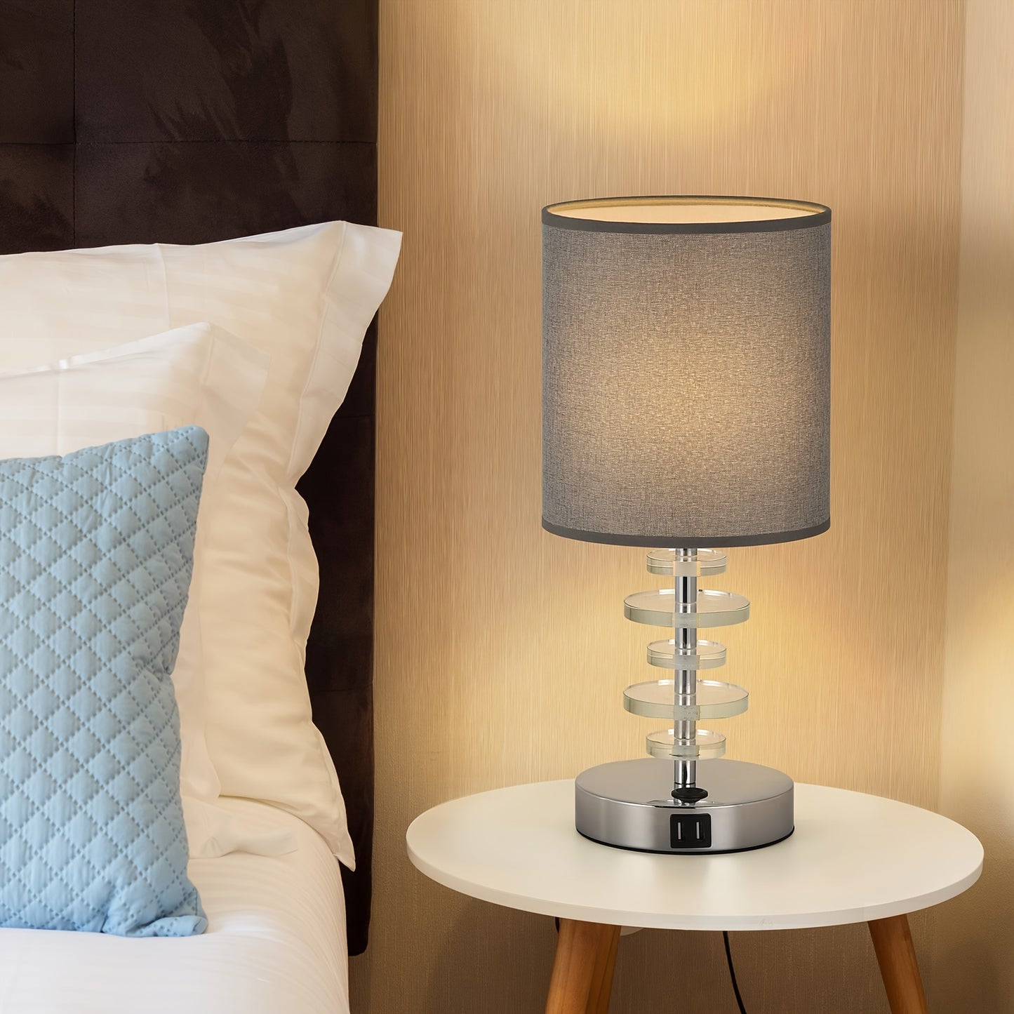USB Table Lamps Set Of 2, Crystal Bedside Nightstand Lamps with 2 USB Ports, Desk Lamps with Gray Fabric Shade for Bedroom Living Room Office College Dorm