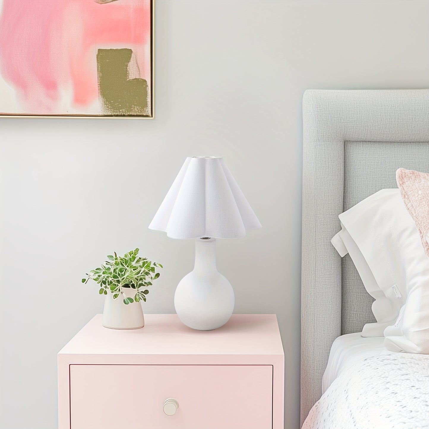 16" Minimalist Ceramic Small Table Lamp, Playful White Wavy Linen Shade, E12 Socket, Handcrafted Accent Lamps for Living Room End Tables, Girl Bedroom Bedside, Dining Room, Kitchen (Bulb Not Included)