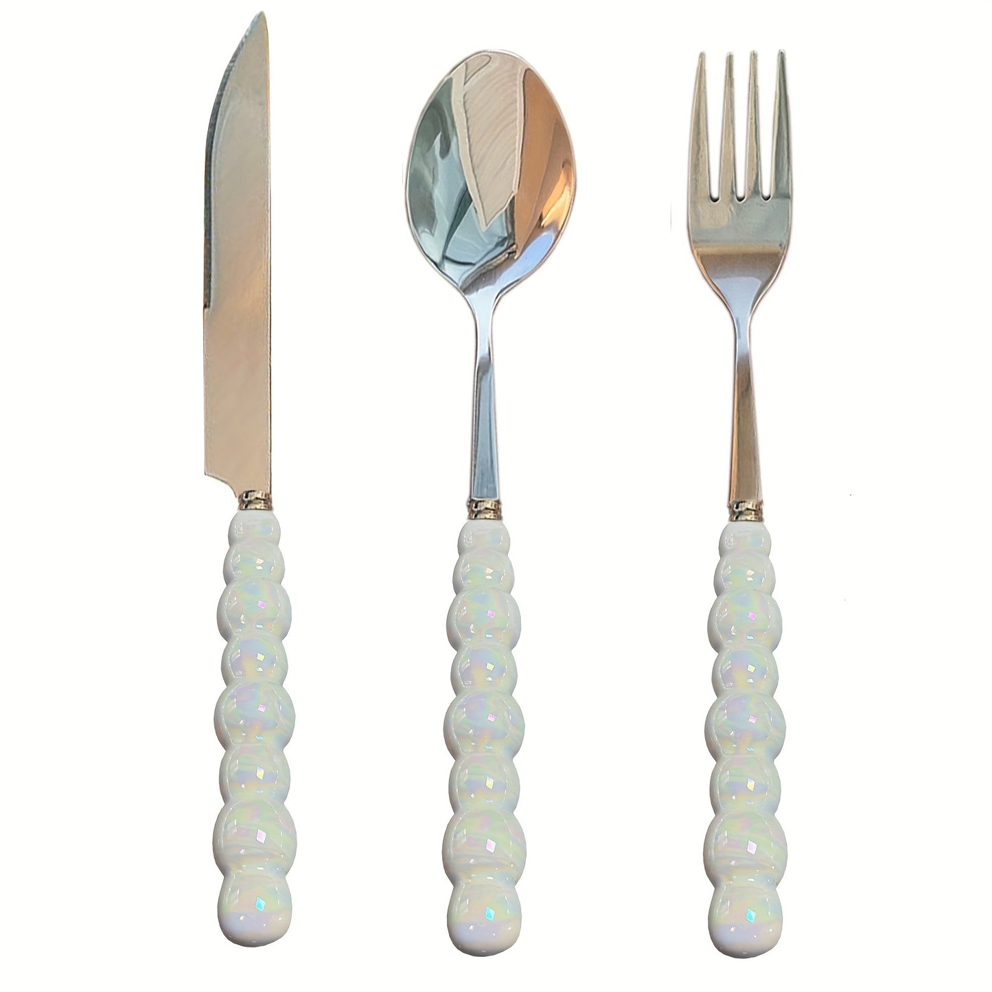 3/4/9/12 Beautiful Pearl-Shaped Stainless Steel Cutlery Sets with Ceramic Handle Table Knives, Dessert Spoons, Forks, and Spoons - Elegant Kitchen Tools and Accessories Perfect for Daily Family Dining, Birthday Parties, and H
