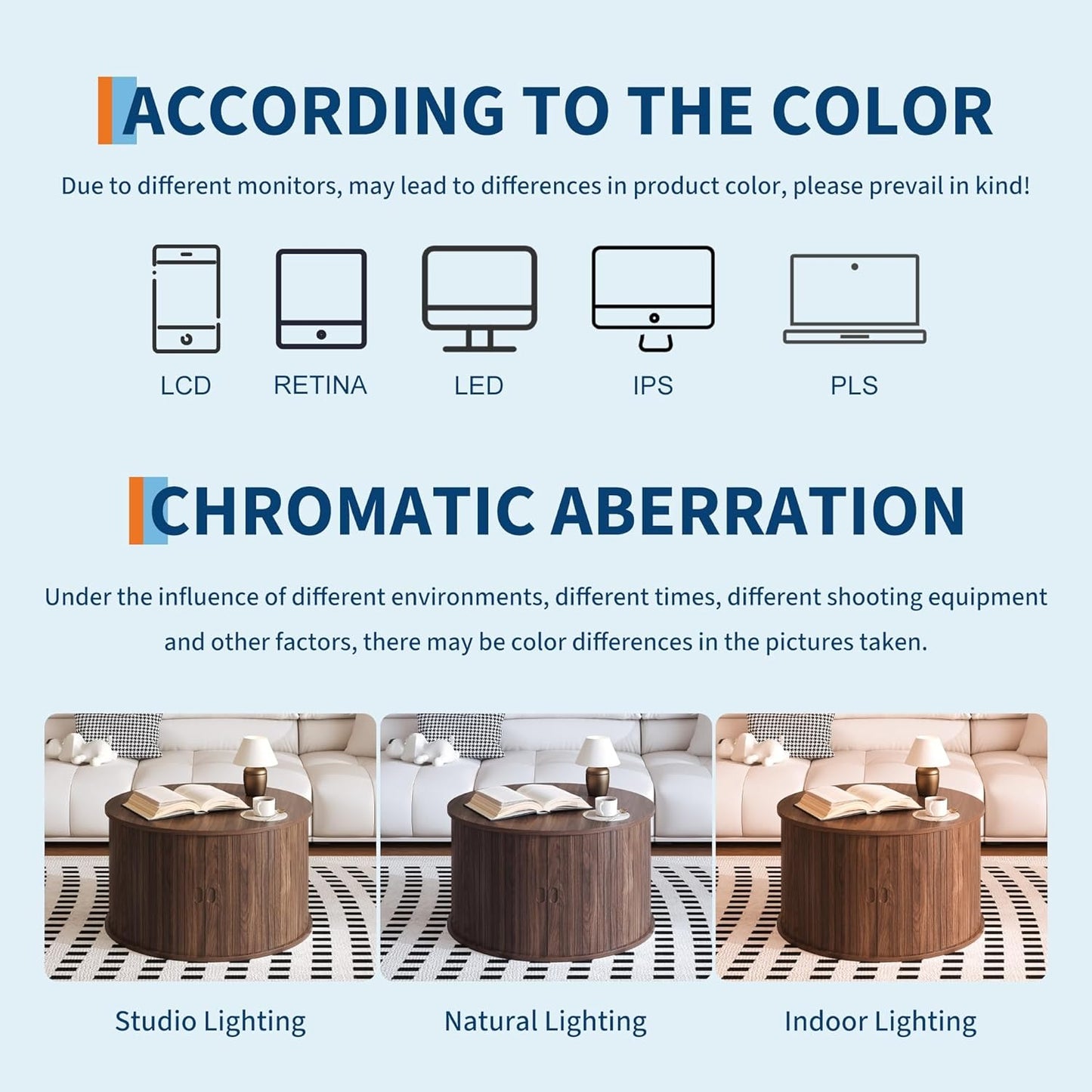 28” Round Coffee Table with Storage – Modern Fluted Accent Table with Sliding Tambour Door
