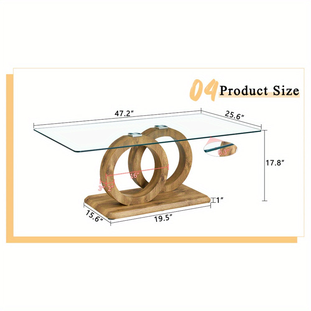 Modern Glass Top Coffee Table – Natural Wood Base Center Table (47.2")