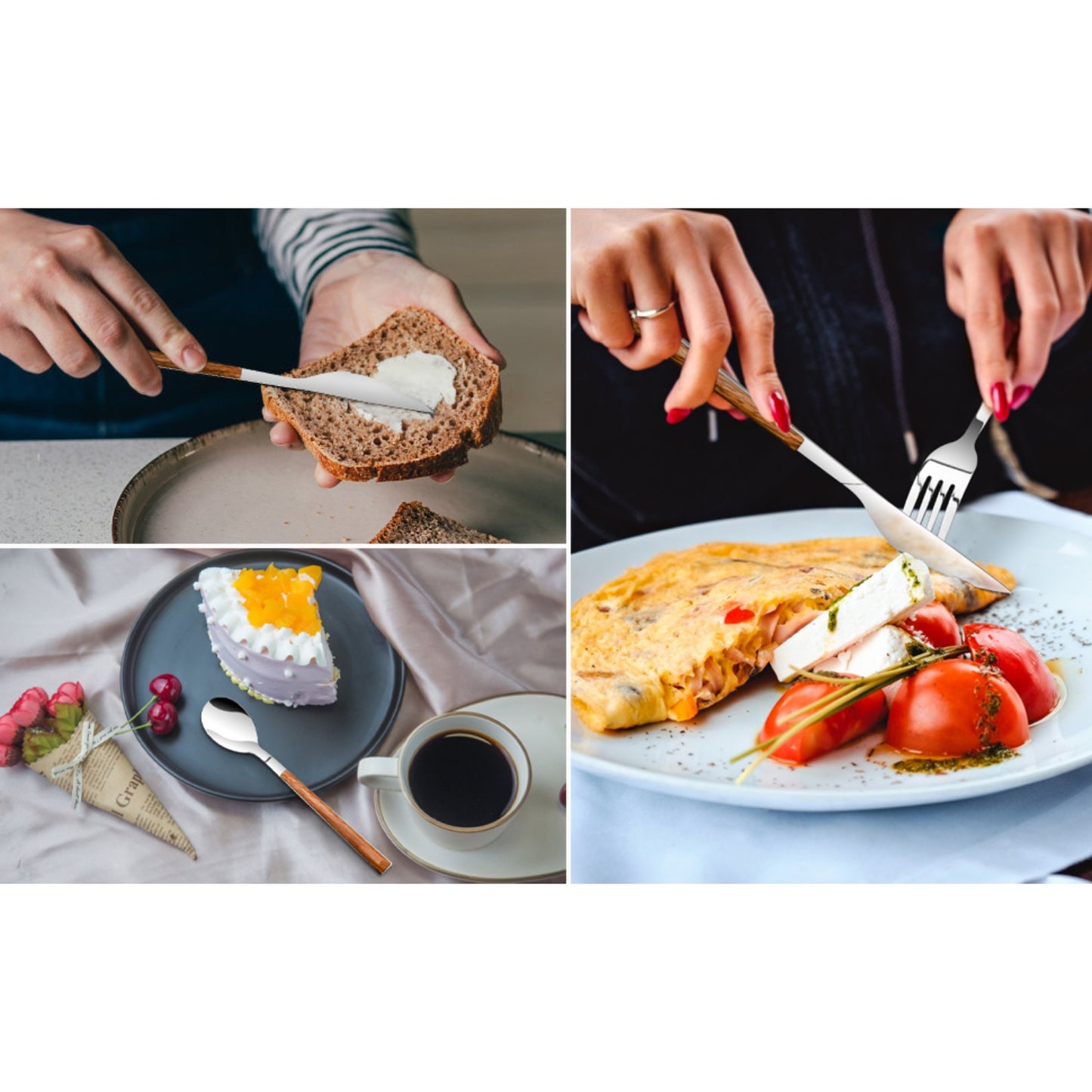 Stainless Steel Flatware Set for 4, Mirror Polished and Dishwasher Safe, Cutlery Utensils Set with Simulated Wooden Handle Include Knives Forks Spoons Service for 4(Silvery), Cutlery Sets for Dining