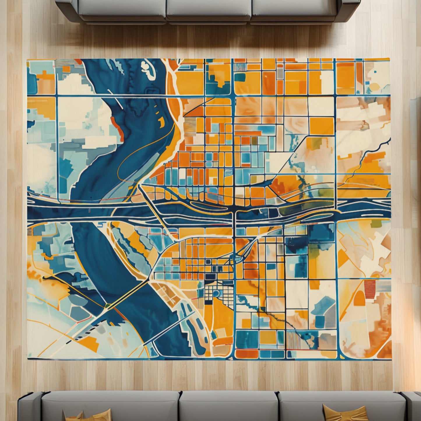 Abstract Phoenix City Map throw blanket displayed in a modern living room, adding a contemporary decorative flair.