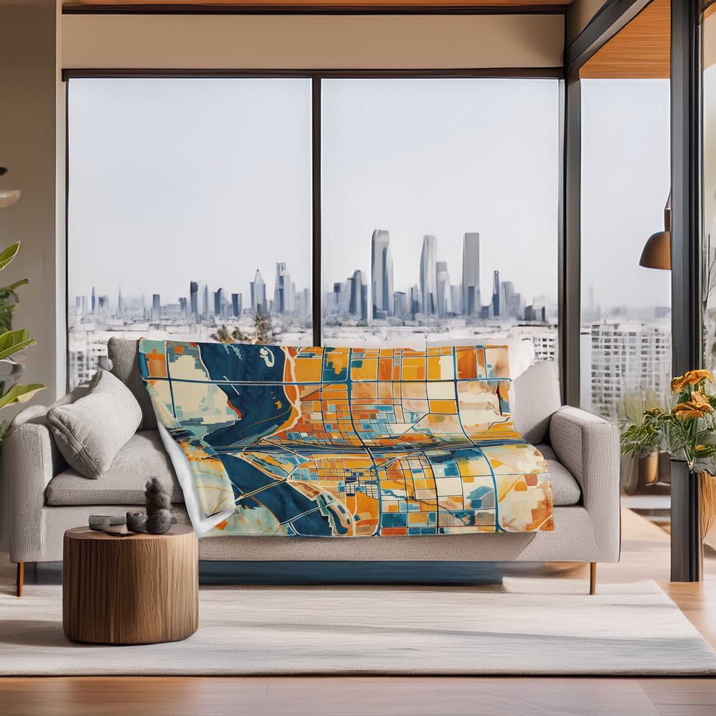 Abstract Phoenix City Map – Tetrix Silk Touch Throw Blanket in vibrant orange and blue tones.