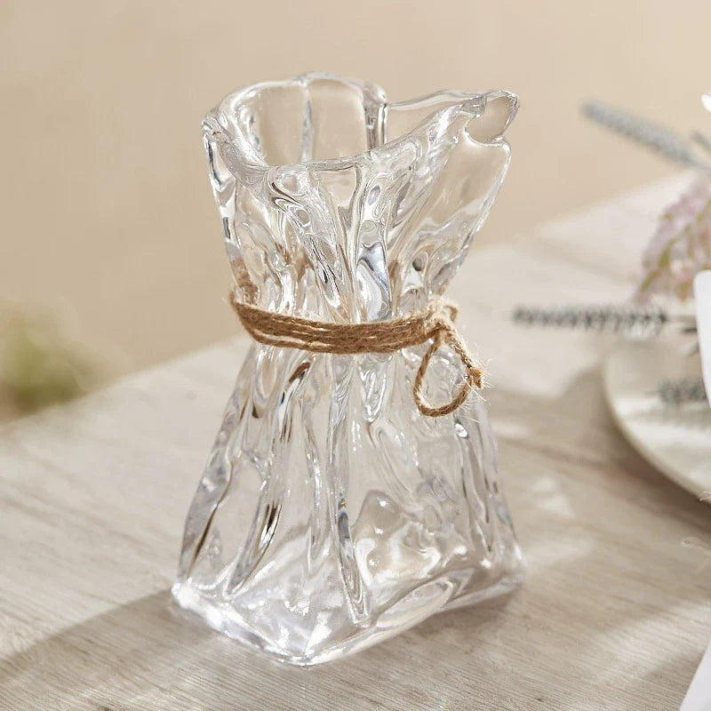 Wrinkled Glass Vase with Twine in Holographic Frosted Clear Finish