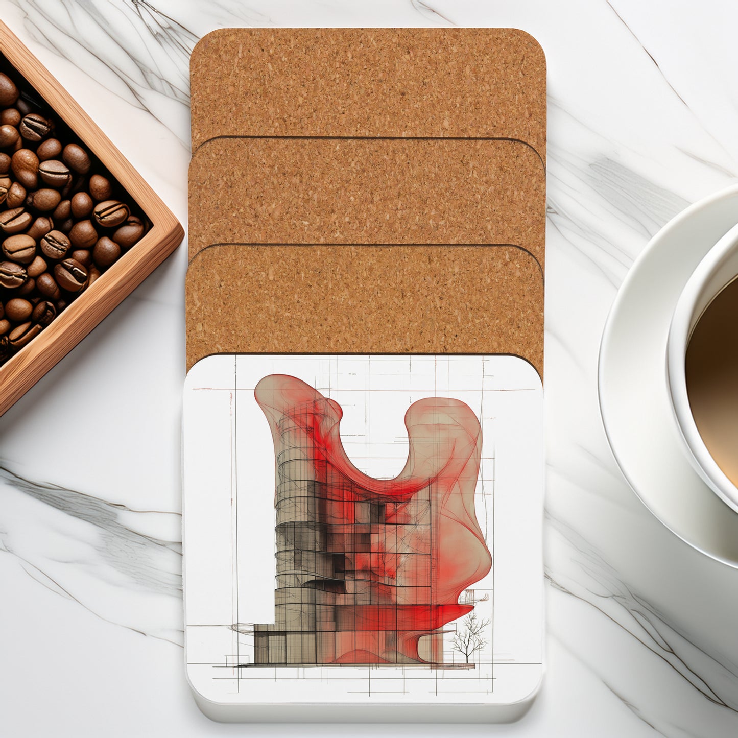 Evolvance Cork-Back Coaster - Abstract Architectural Fluidity Design