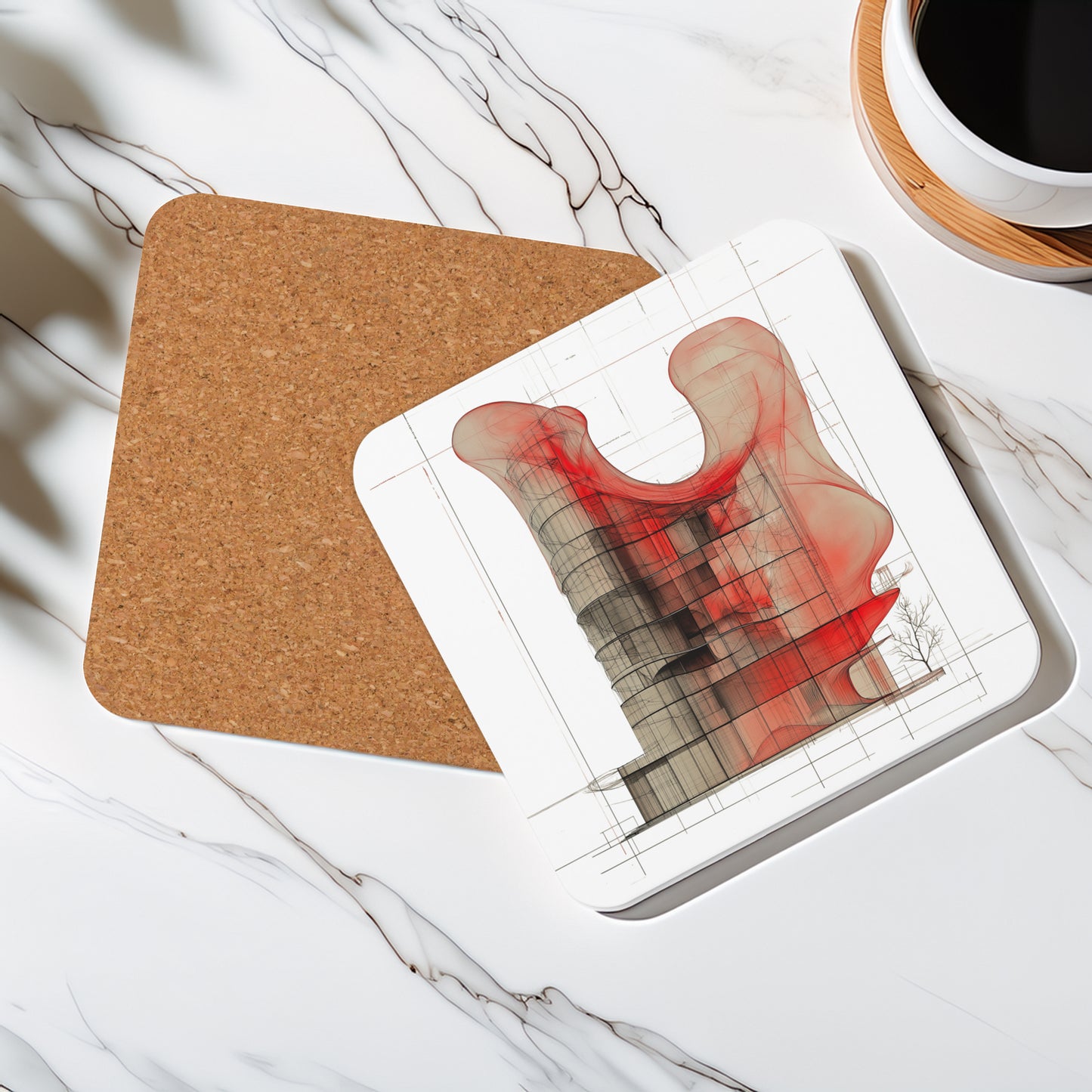 Evolvance Cork-Back Coaster - Abstract Architectural Fluidity Design