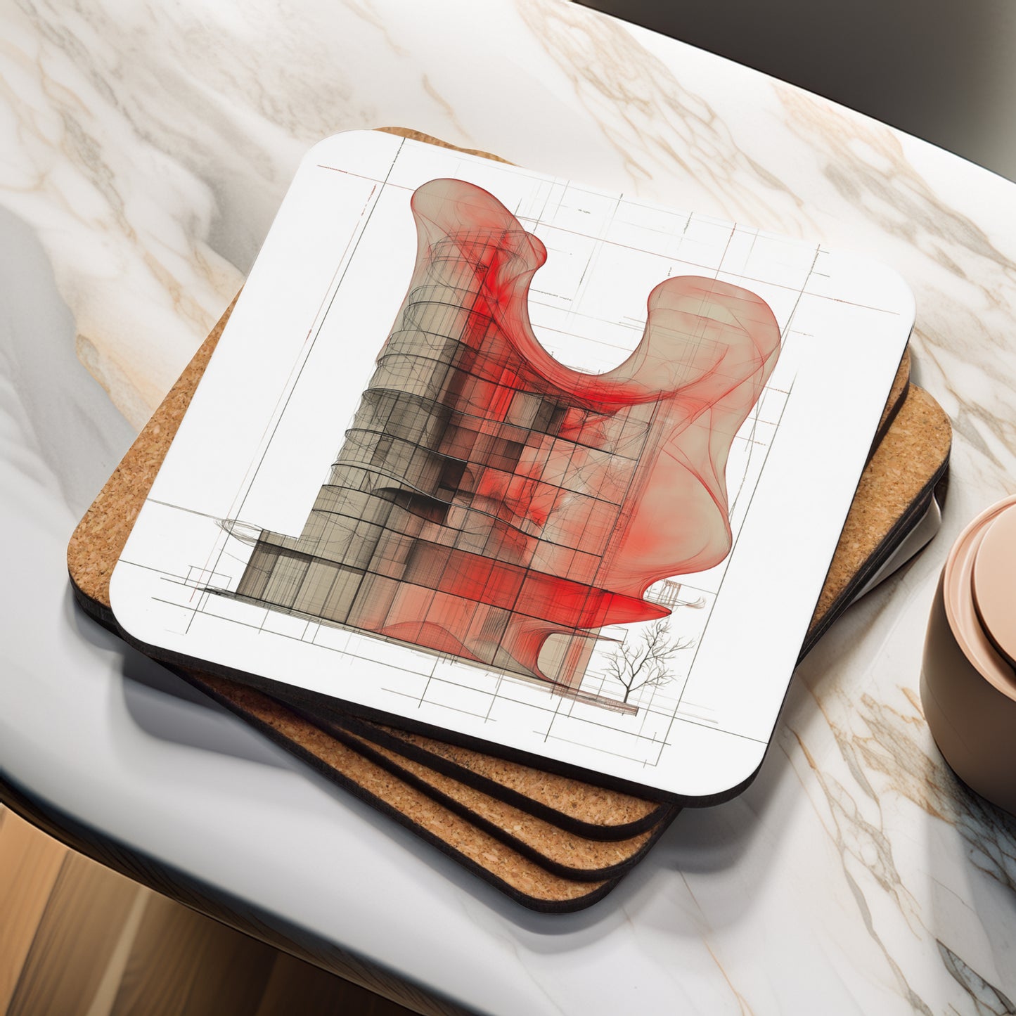 Evolvance Cork-Back Coaster - Abstract Architectural Fluidity Design