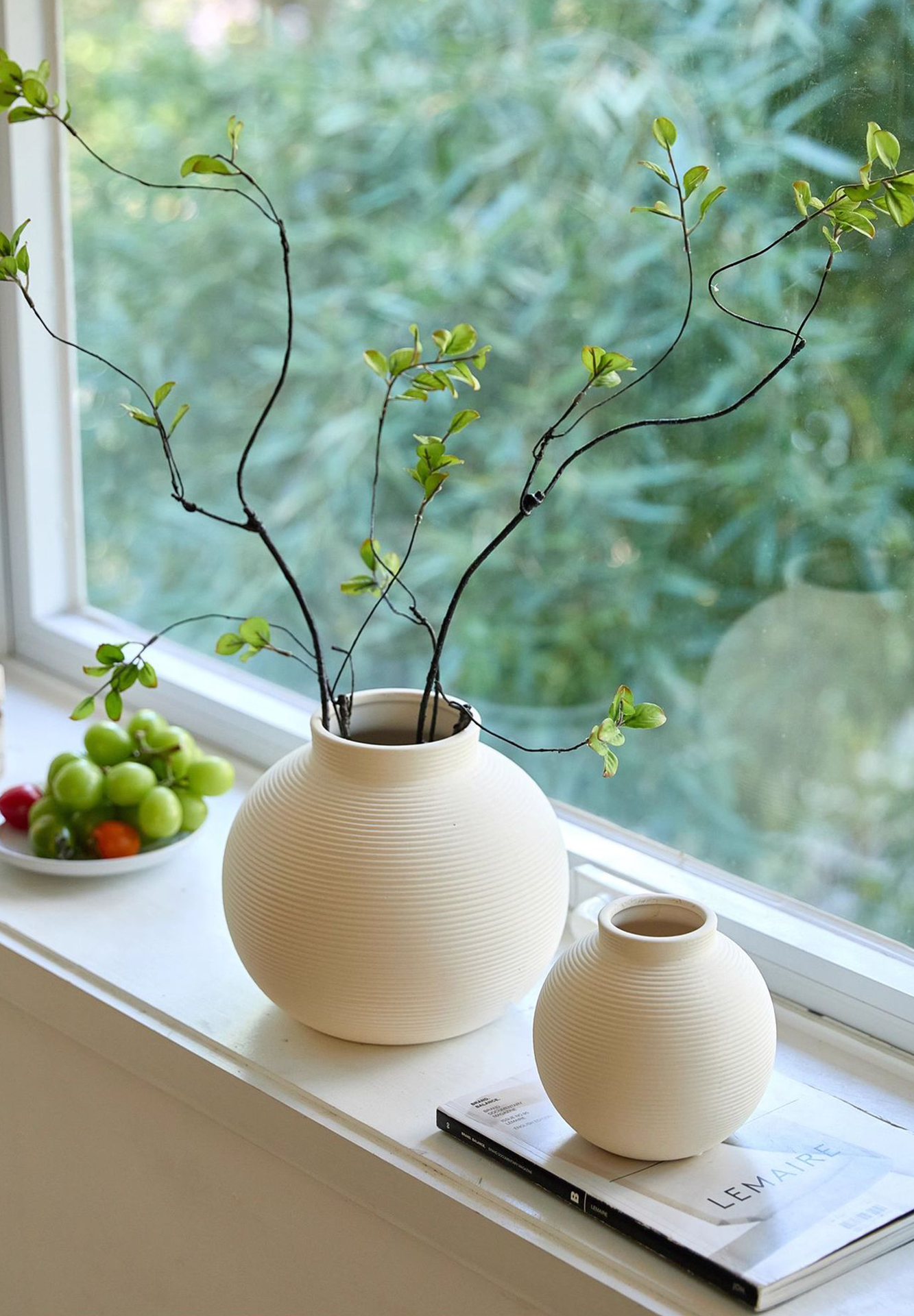 Minimalist Matte White Ceramic Vase - Handcrafted Textured Ribbed Design