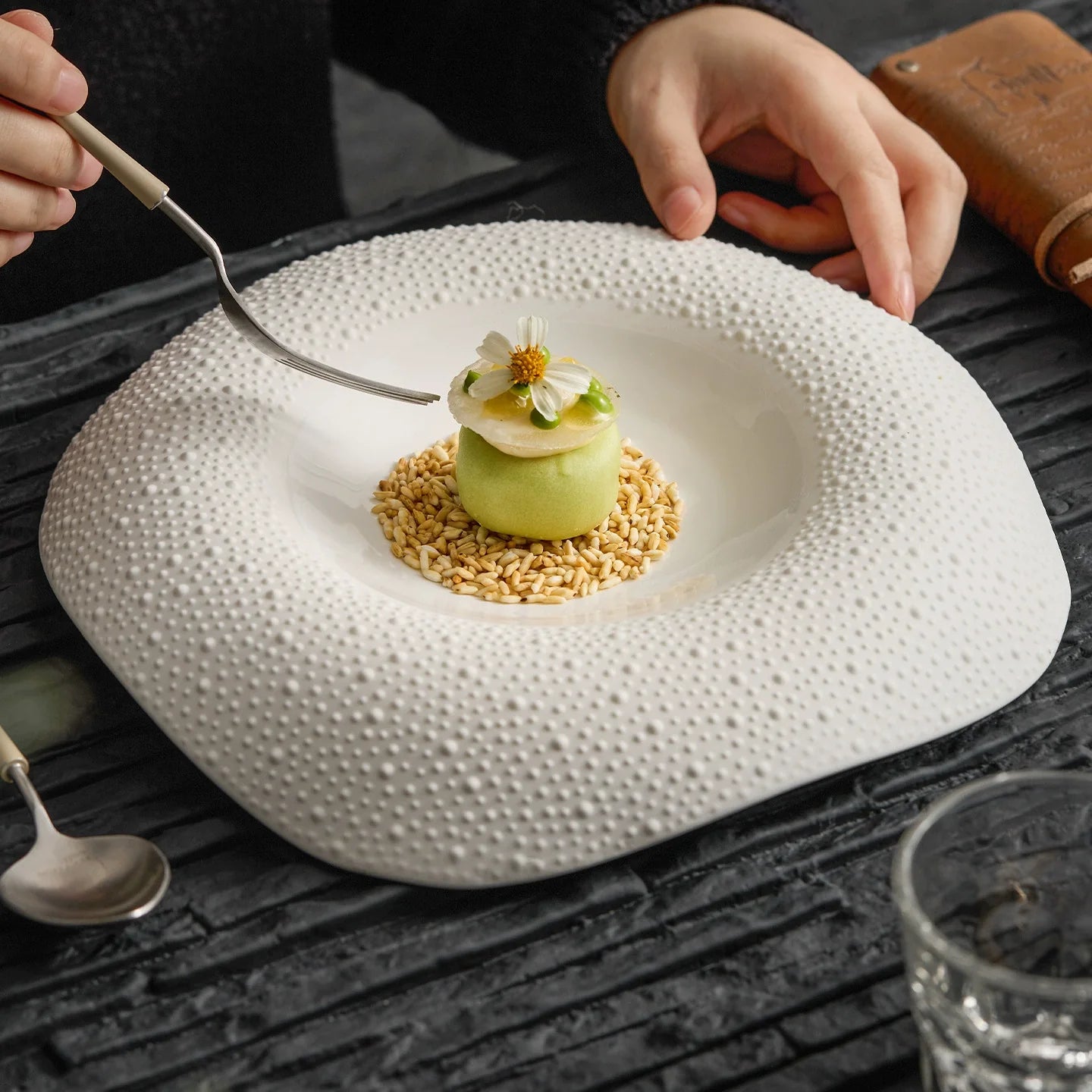 Handcrafted Porcelain Plate Sesame Grain Texture Fine Dining Dinnerware Plates Goseung Collection