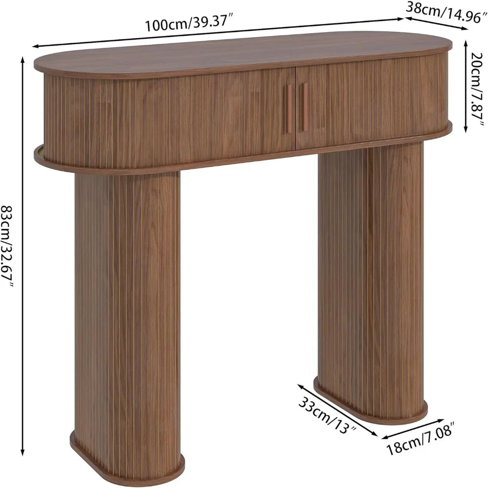 Round Fluted Console Table – Walnut Mid-Century Modern Entryway Table for Hallway & Living Room