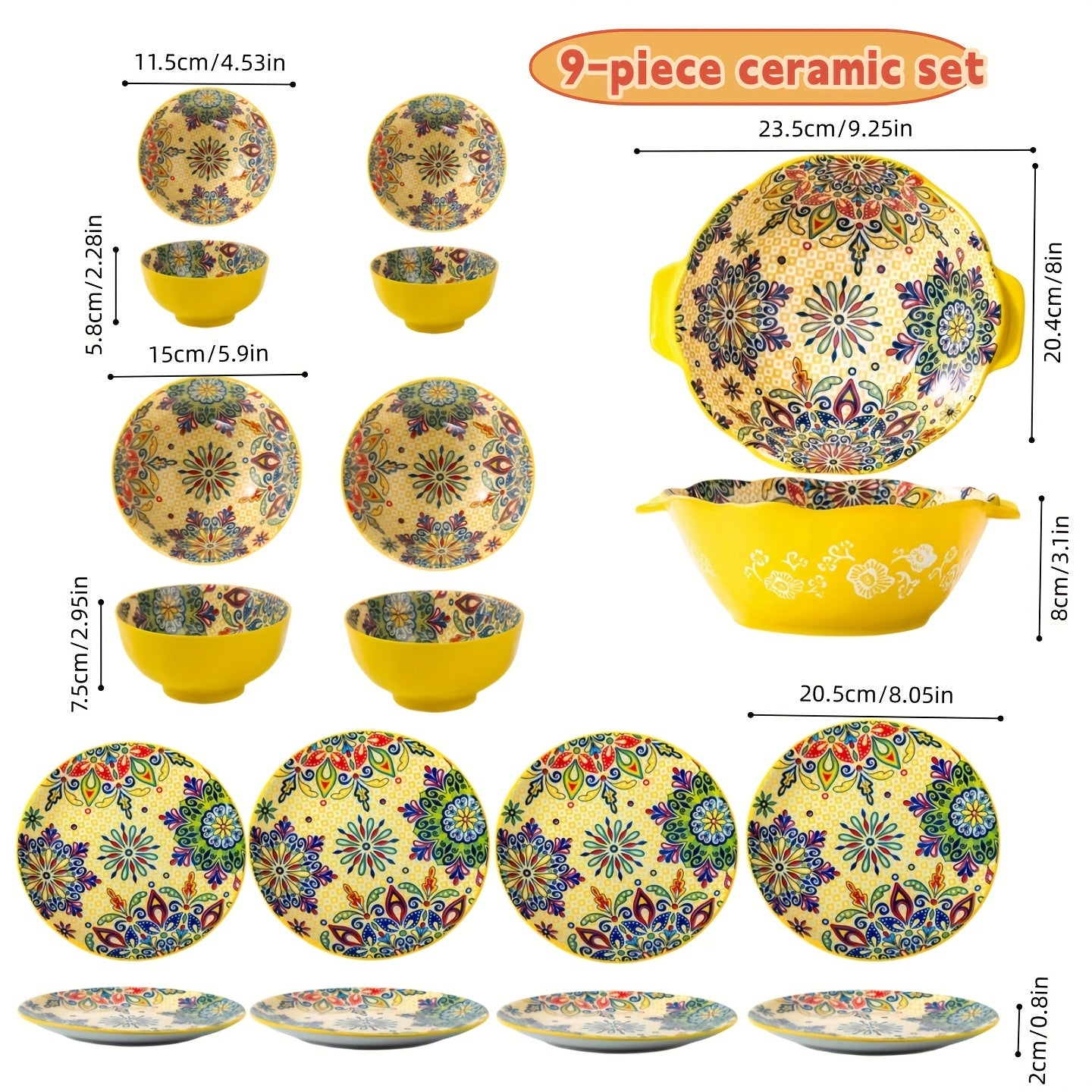Bohemian Floral Ceramic Dinnerware Set (9-Piece) – Vintage Print Tableware