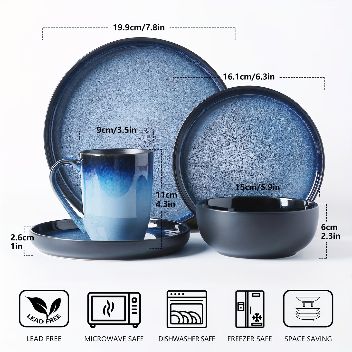 Blue Striped Reactive Glaze Dinnerware Set (16-Piece Ceramic Stoneware)