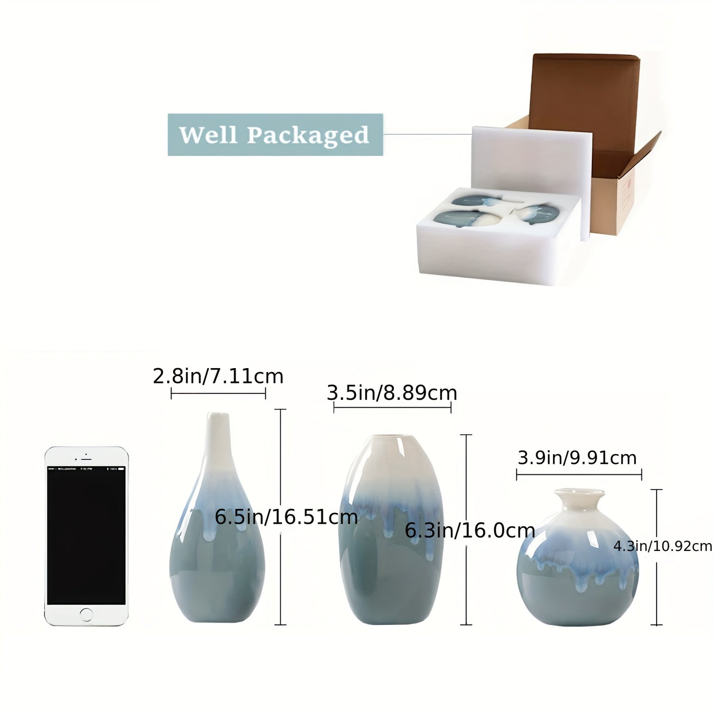 Set of 3 Ceramic Vases - Modern Boho Minimalist Decor for Living Room, Shelf, Table, Bookshelf, Mantel, and Entryway - Ink Painting Pattern