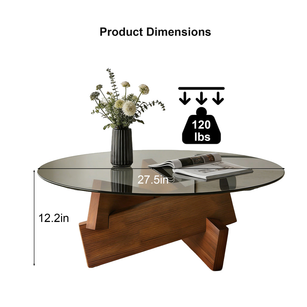 Round Coffee Table with Tempered Glass Top – Walnut Frame Modern Center Table