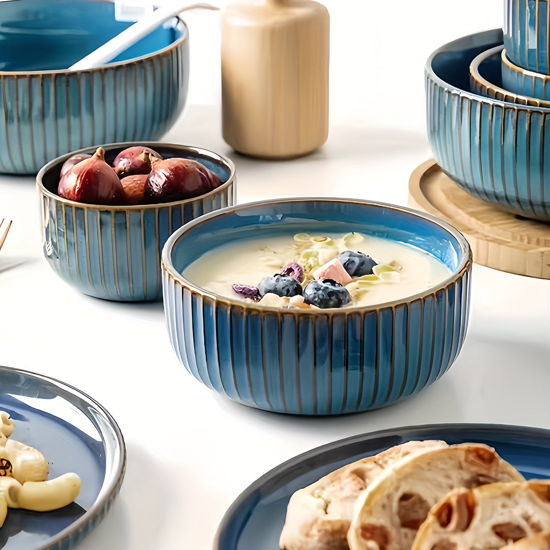 Blue Porcelain Deep Plate Set (4-Piece, 8.5") – Salad & Dinner Plates, Microwave Safe