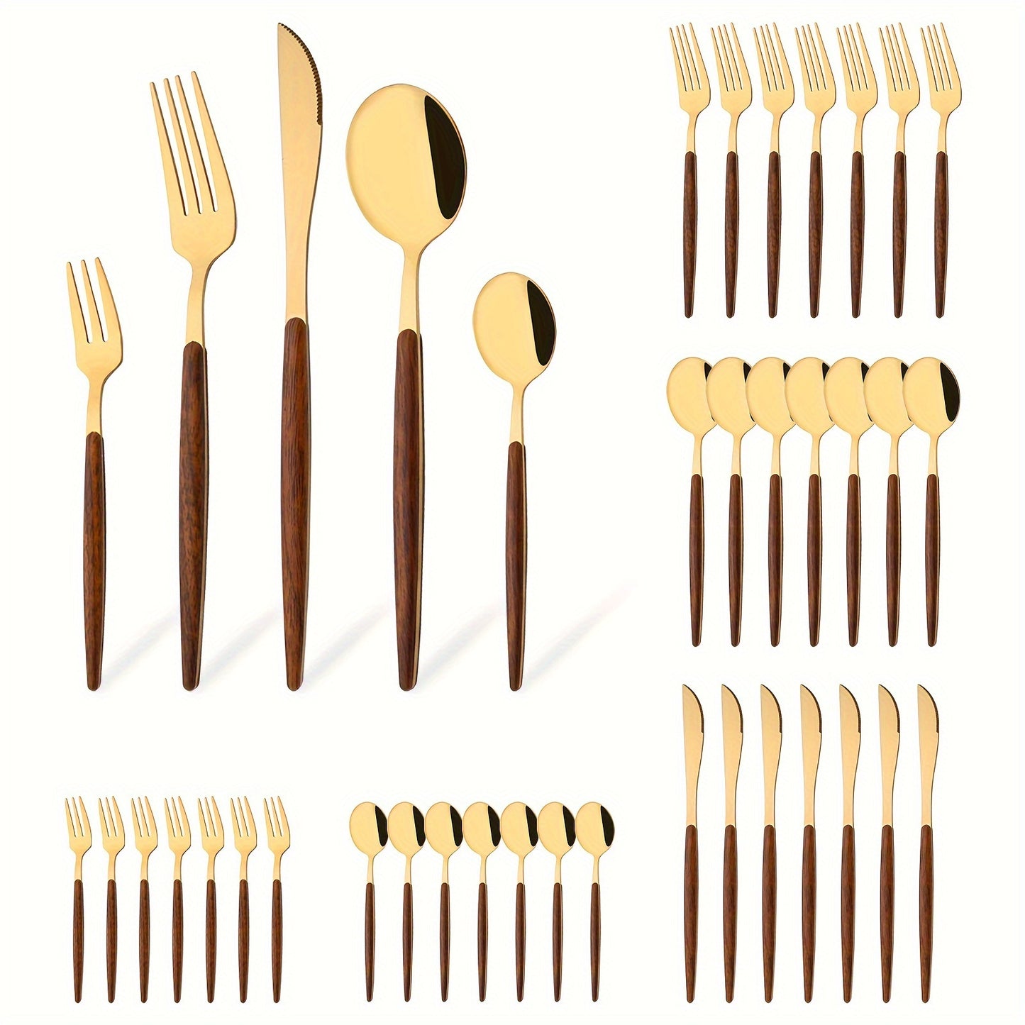 40pcs Cutlery Collection for Eight, Stainless Steel Flatware with Golden Mirror End, ABS Handles with Wooden Appearance, Kitchen Utensil Set Suitable for Home, Hotel, And Restaurant, Family Cutlery Set Featuring Knives, Forks