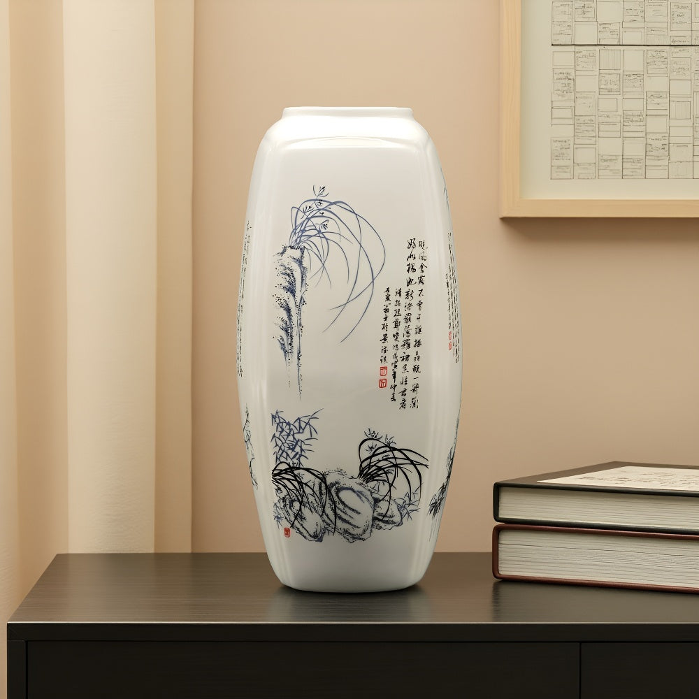 Modern Vase, 12.6inch Ceramic Vase for Home Decor, Flowers, Hydroponic Plants, Wedding, Centerpiece, St Patrick's Day, Easter, Spring Decor, Designer Recommended.Square Ceramic Vase Decorated with the "Four Gentlemen"(Plum, O