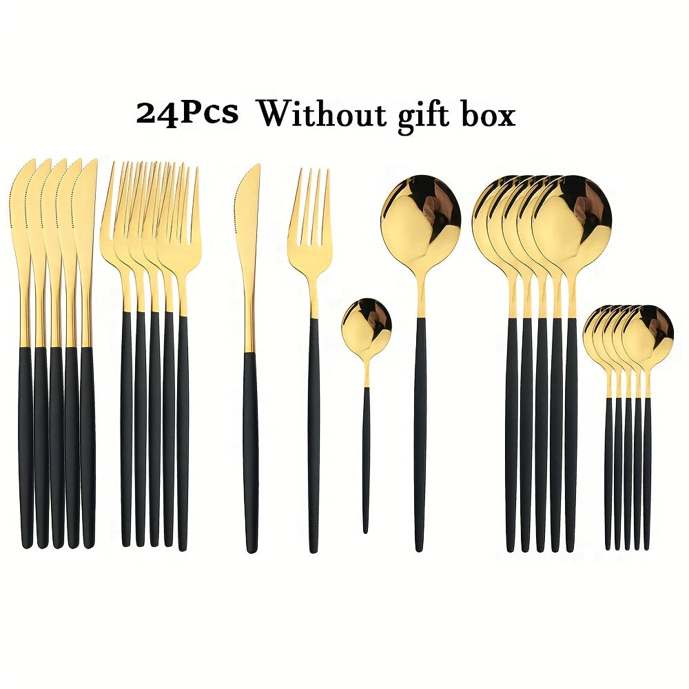 24pcs Black And Golden Elegant Stainless Steel Tableware Set, Including Forks, Knives, Spoons, Service Spoons And Service Forks - Perfect for Holiday Gifts Or High-end Kitchen Decoration, Holiday Tableware with Elegant Design