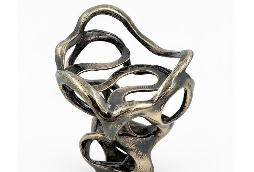 Gold Electro-Formed Sculptural Swirl Pillar Candle Holder Modern Artistic Home Accent Metal Decor