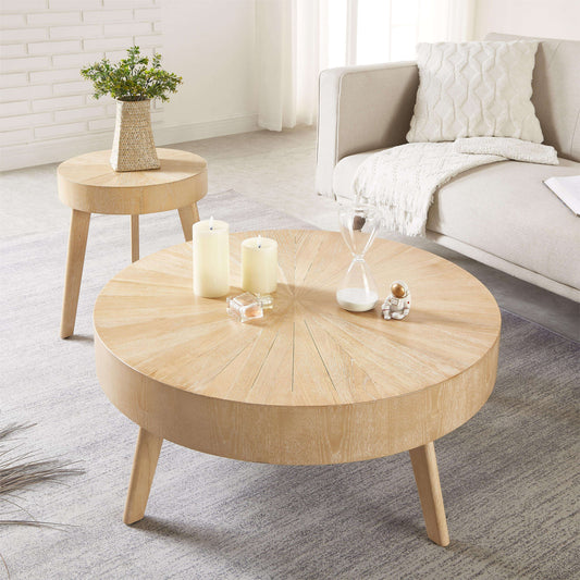 Solid Wood Coffee Table Set of 2 – Round Nesting Living Room Tables