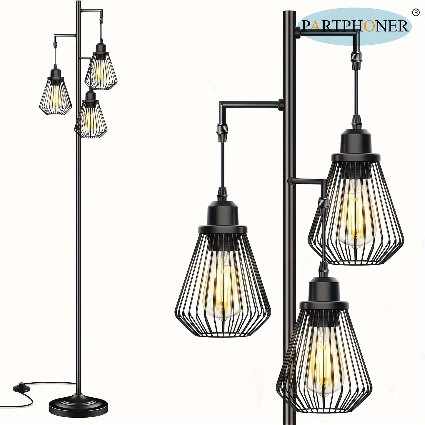 Industrial Floor Lamps For Living Room, Farmhouse Standing Lamp With 3 Hanging Teardrop Cage Shades, 68" Modern Rustic Tree Tall Lamps With Pedal Switch For Bedroom Office Home Light Decor, Black