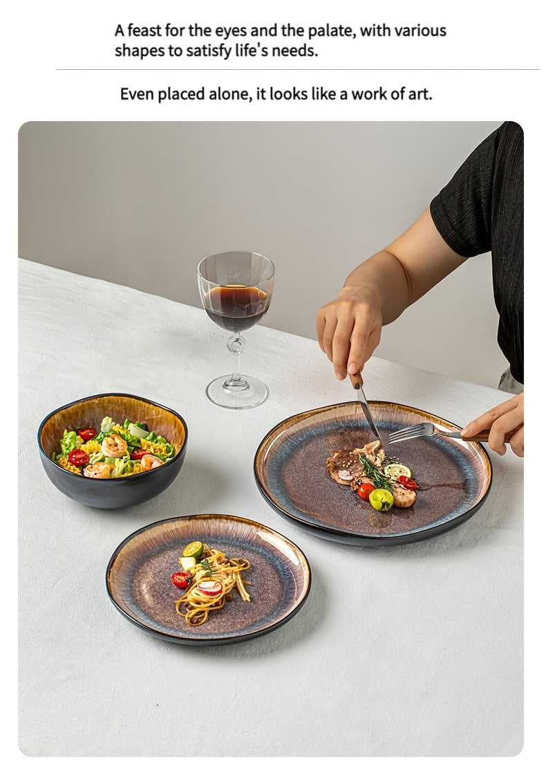 Brown Flame Glaze Ceramic Dinnerware Set (12-Piece) – Modern Plates & Bowls for 4