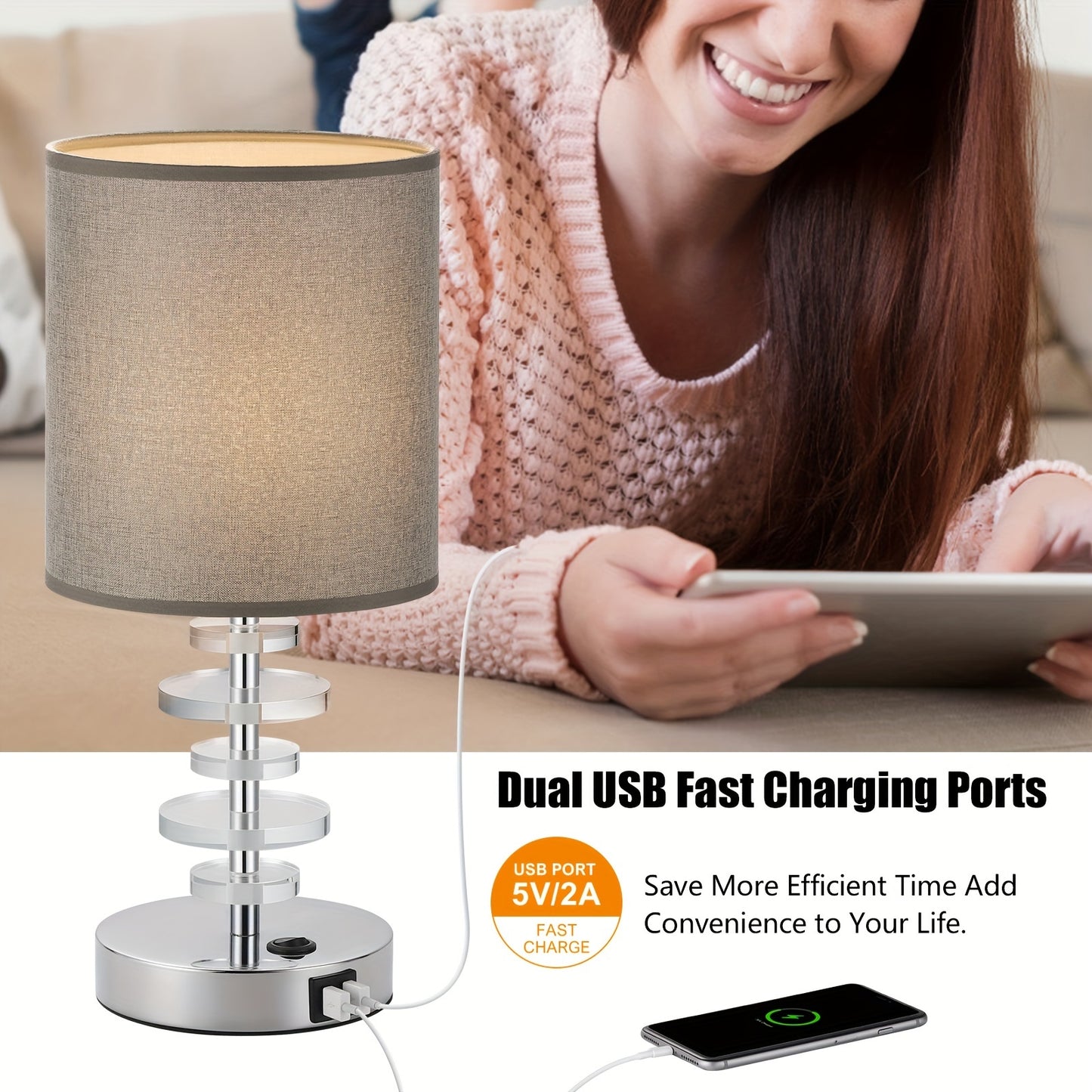 USB Table Lamps Set Of 2, Crystal Bedside Nightstand Lamps with 2 USB Ports, Desk Lamps with Gray Fabric Shade for Bedroom Living Room Office College Dorm