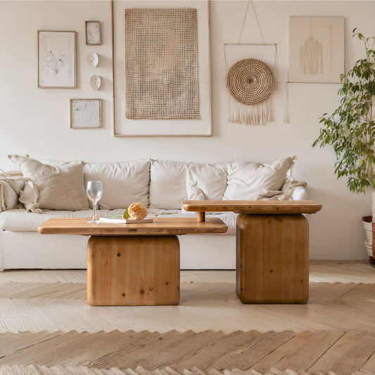 Vintage Wood-Grain Coffee Table Set of 2 – Natural Nesting Tables for Living Room