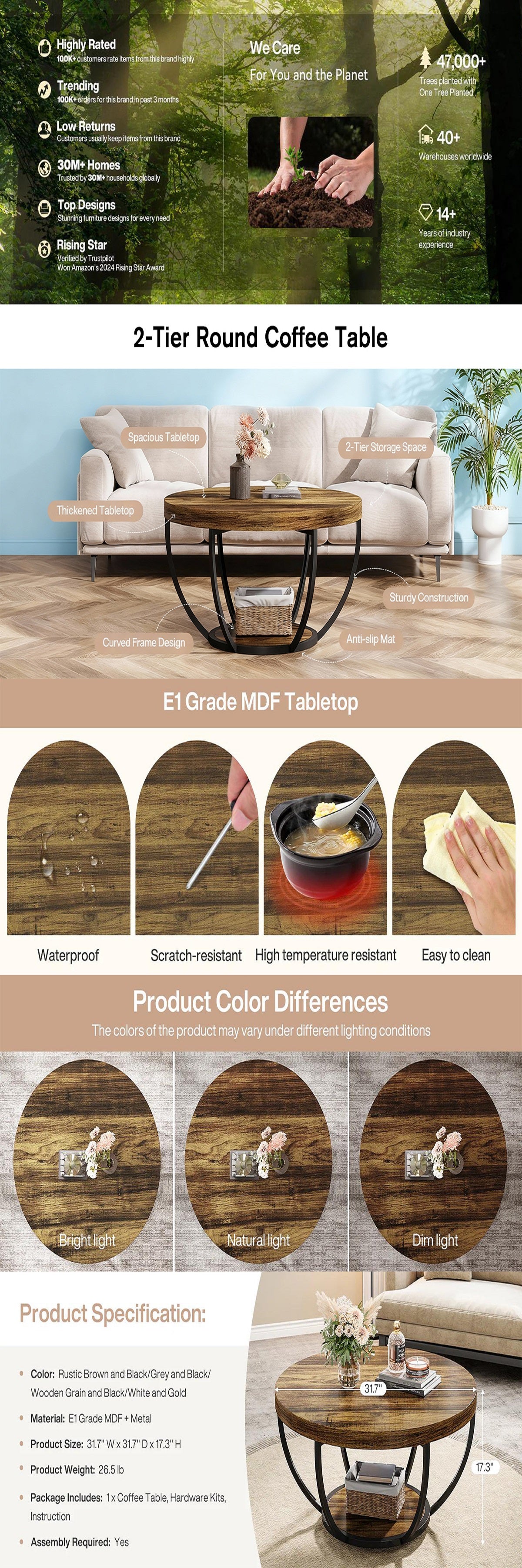 Round Coffee Table with Storage Shelf – Gold Metal Frame & Double-Layer Design