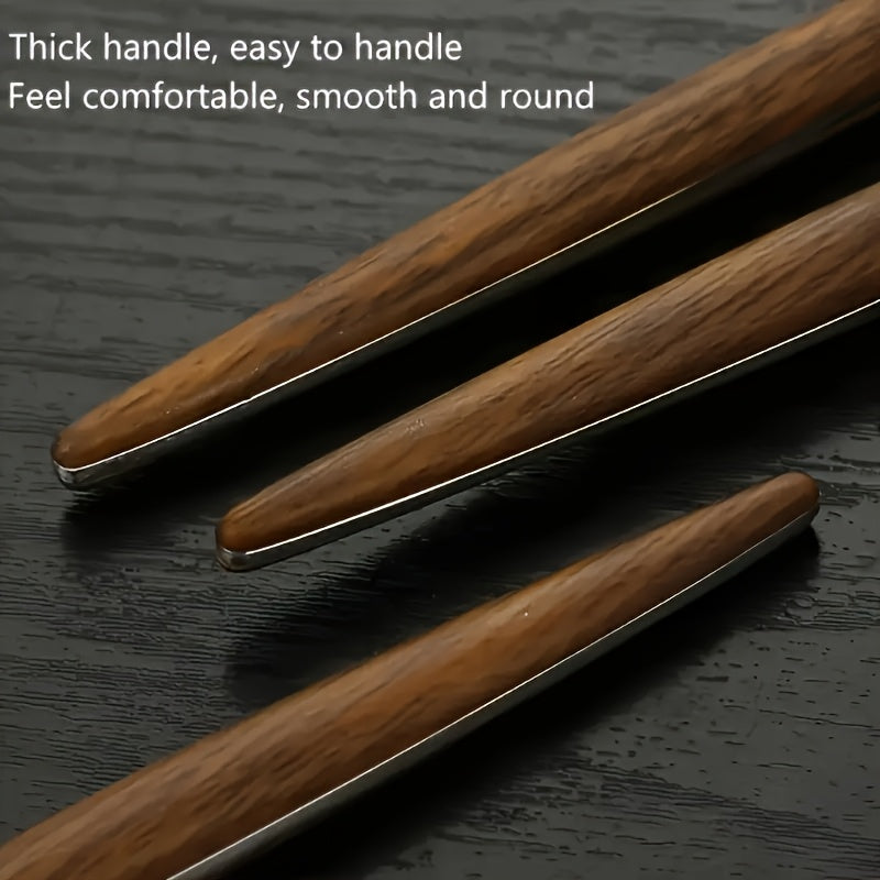 A 12pcs Silverware Set Designed for Three People, Featuring a Polished Stainless Steel Cutlery Set with a silvery Mirror End And Wooden Effect Handles, Suitable for Home, Hotels, And Restaurants. The Set Includes Knives, Fork