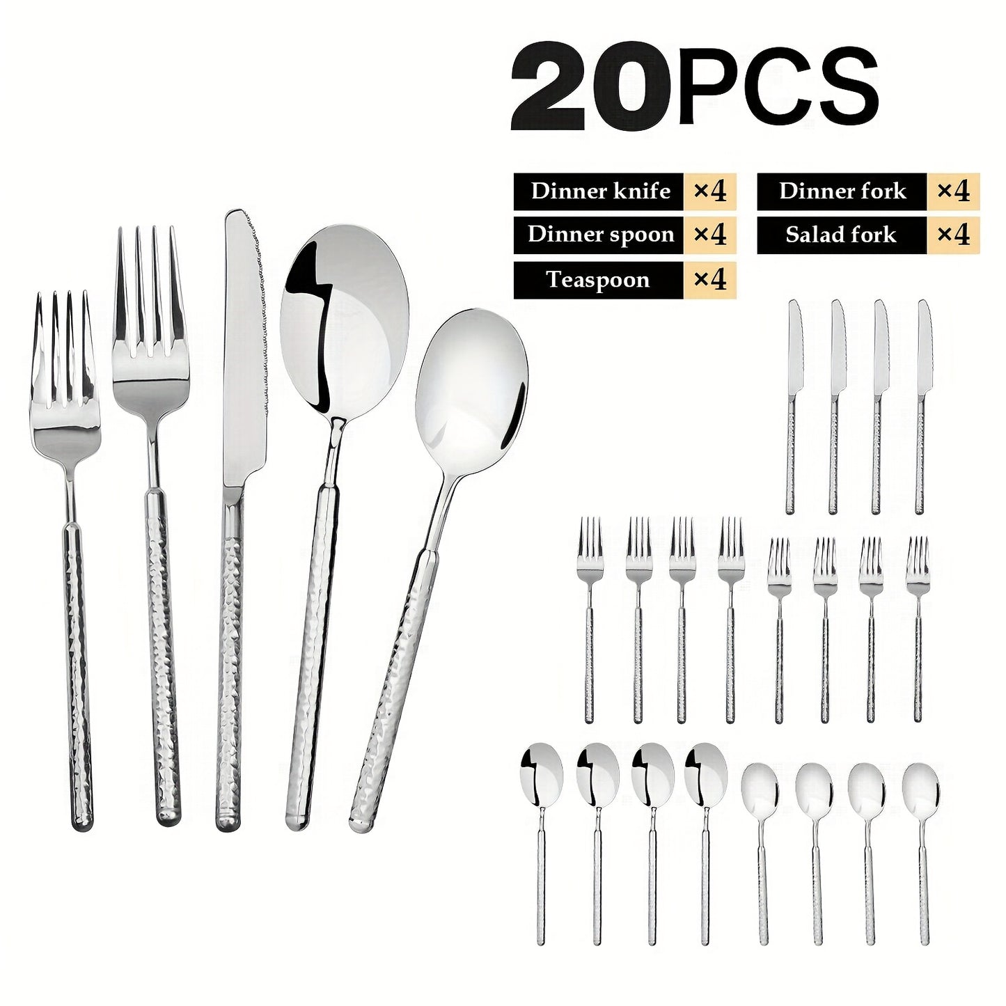 20pcs Silvery Stainless Steel Flatware Set with Hammered Handles, 4/6-Person Service, Includes Knives, Forks And Spoons, Mirror Polished, Dishwasher Safe, Ideal for Family Gatherings