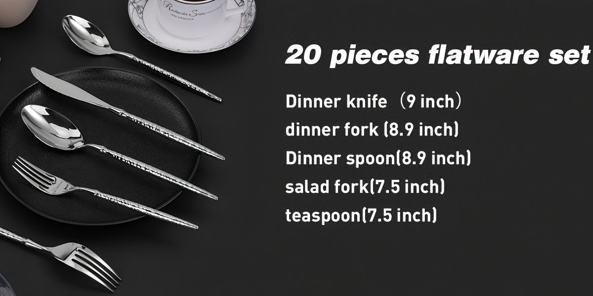 20pcs Silvery Stainless Steel Flatware Set with Hammered Handles, 4/6-Person Service, Includes Knives, Forks And Spoons, Mirror Polished, Dishwasher Safe, Ideal for Family Gatherings
