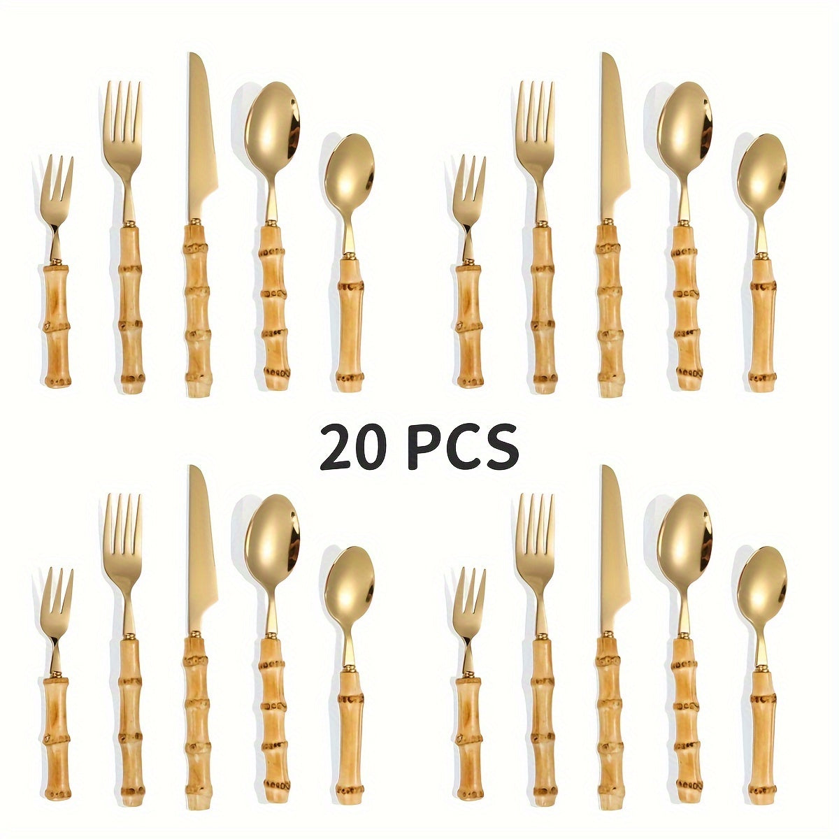 20pcs Bamboo-Handled Stainless Steel Flatware Set: Perfect for Outdoor, Everyday Use, and Gatherings - Suitable for 4 People - Dishwasher Safe - Ideal Wedding, Thanksgiving, Christmas, Valentine's Day, Eid Al-Fitr (Ramadan) G