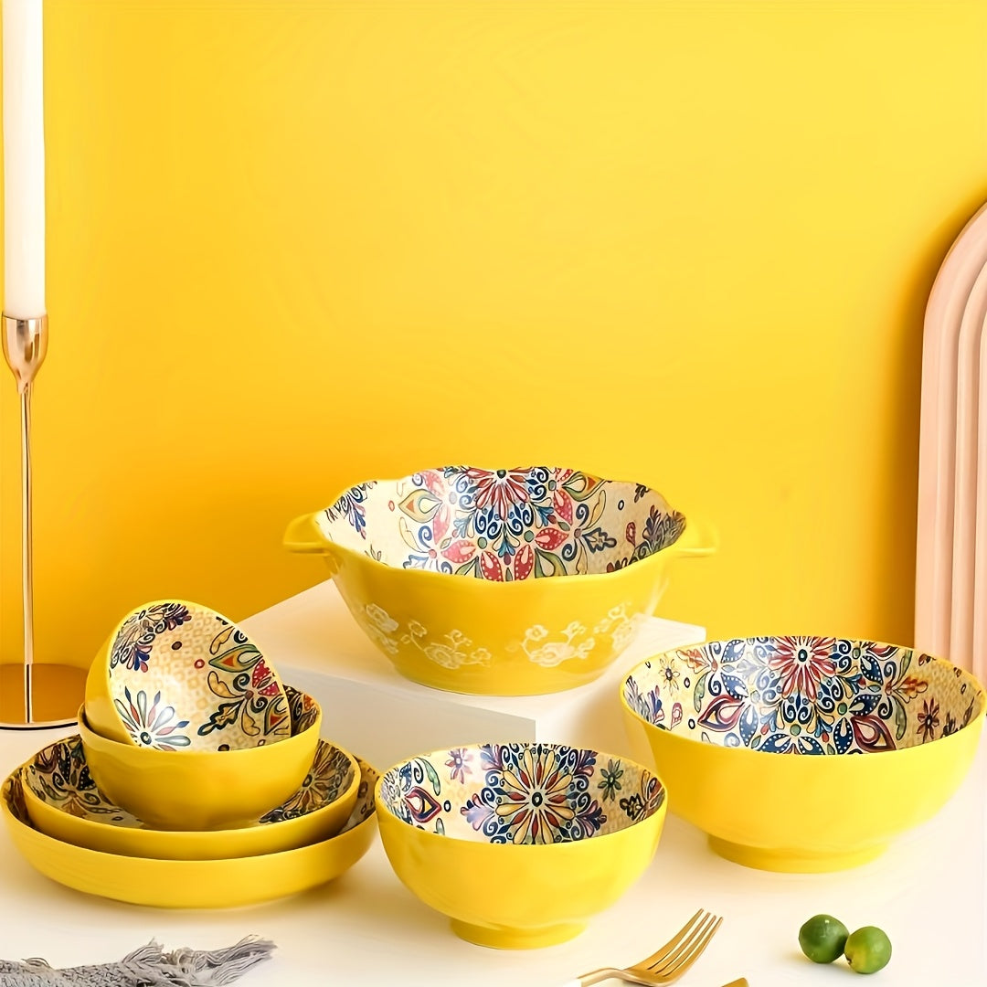 Bohemian Floral Ceramic Dinnerware Set (9-Piece) – Vintage Print Tableware