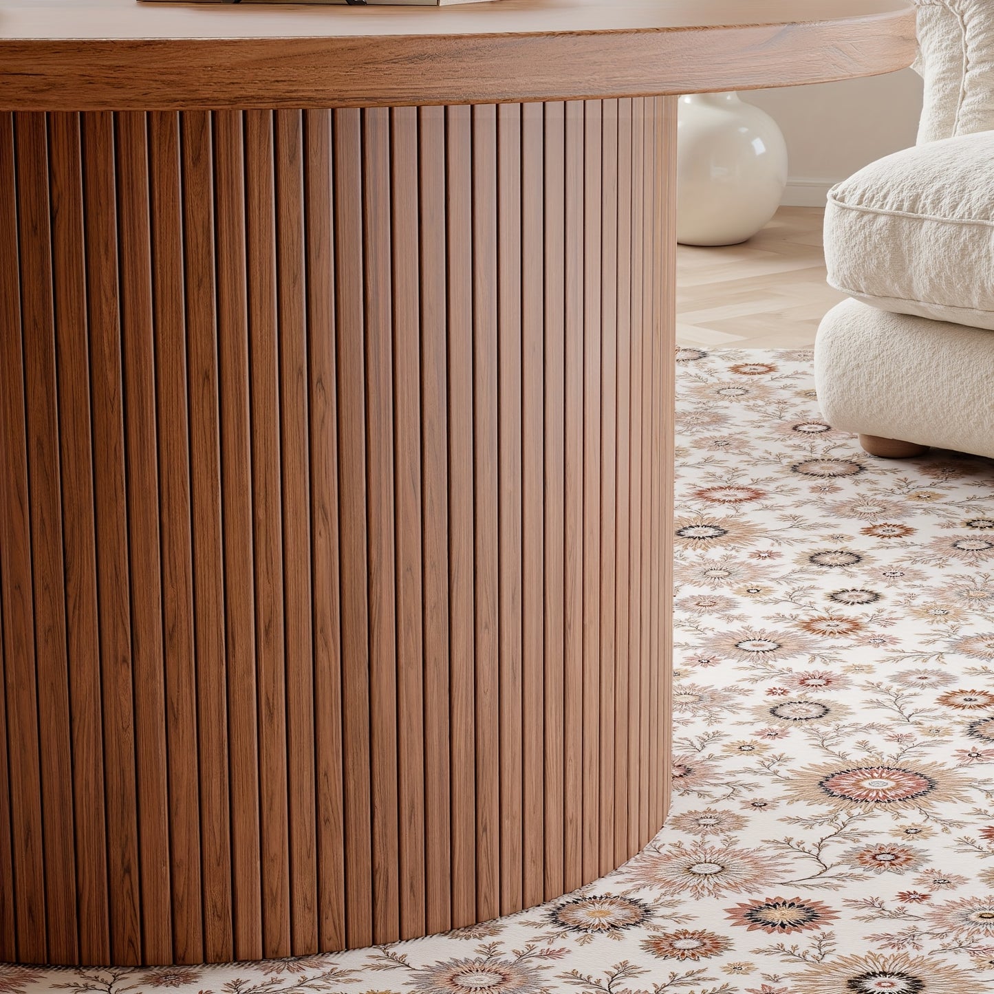 31.5” Round Farmhouse Coffee Table – Wood Center Table with Storage & Roll Pads