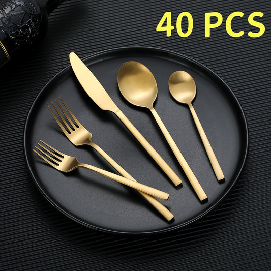 Set of 40 Matte Golden Cutlery, Including Flatware Made of Matte Stainless Steel with Rectangular Handles, Suitable for Weddings, Home, Hotels, Daily Restaurant Events, And Housewarming Gifts, Serving 8 People