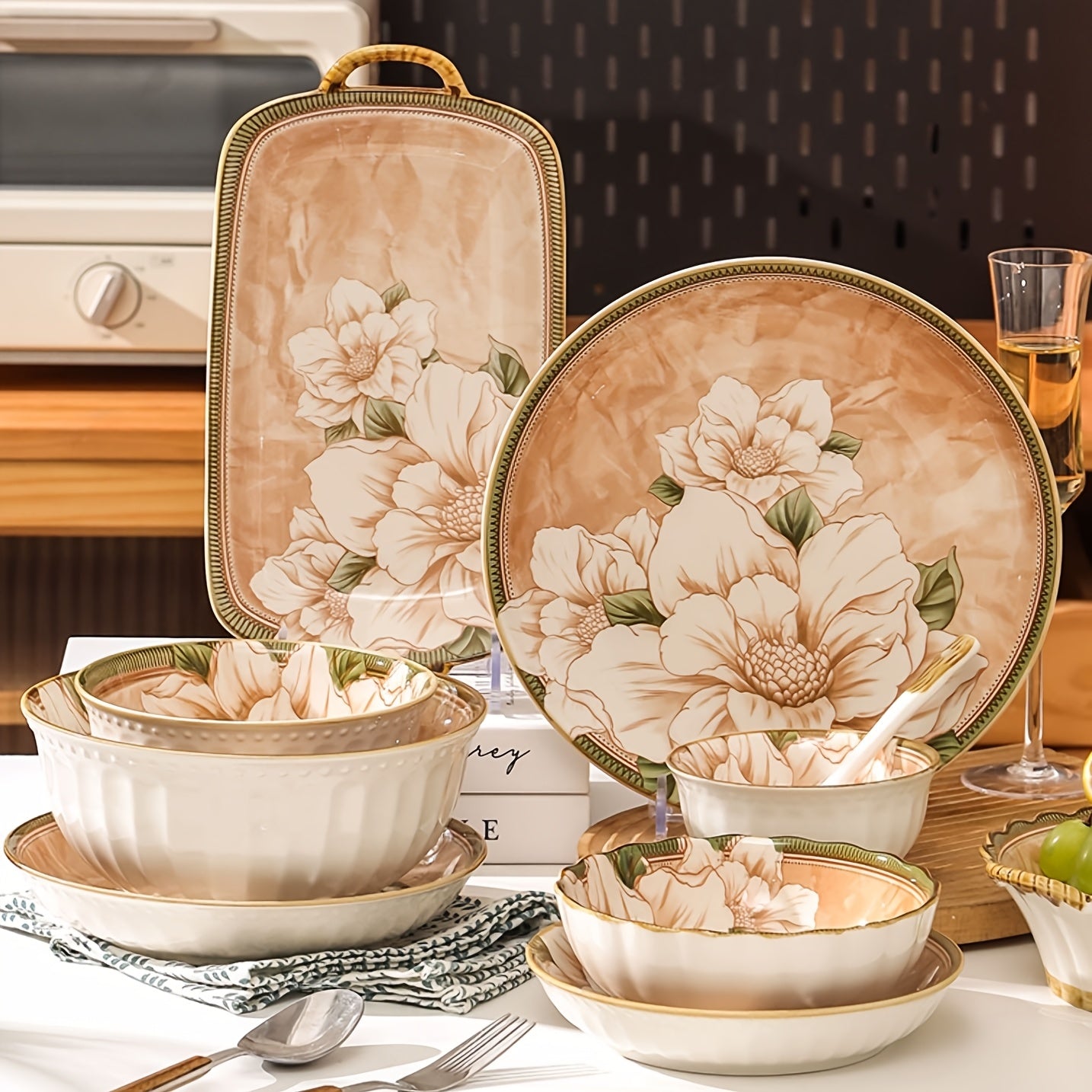 Camellia Pattern Ceramic Dinnerware Set – Light Luxury Tableware (16 / 33 / 43 Pieces)