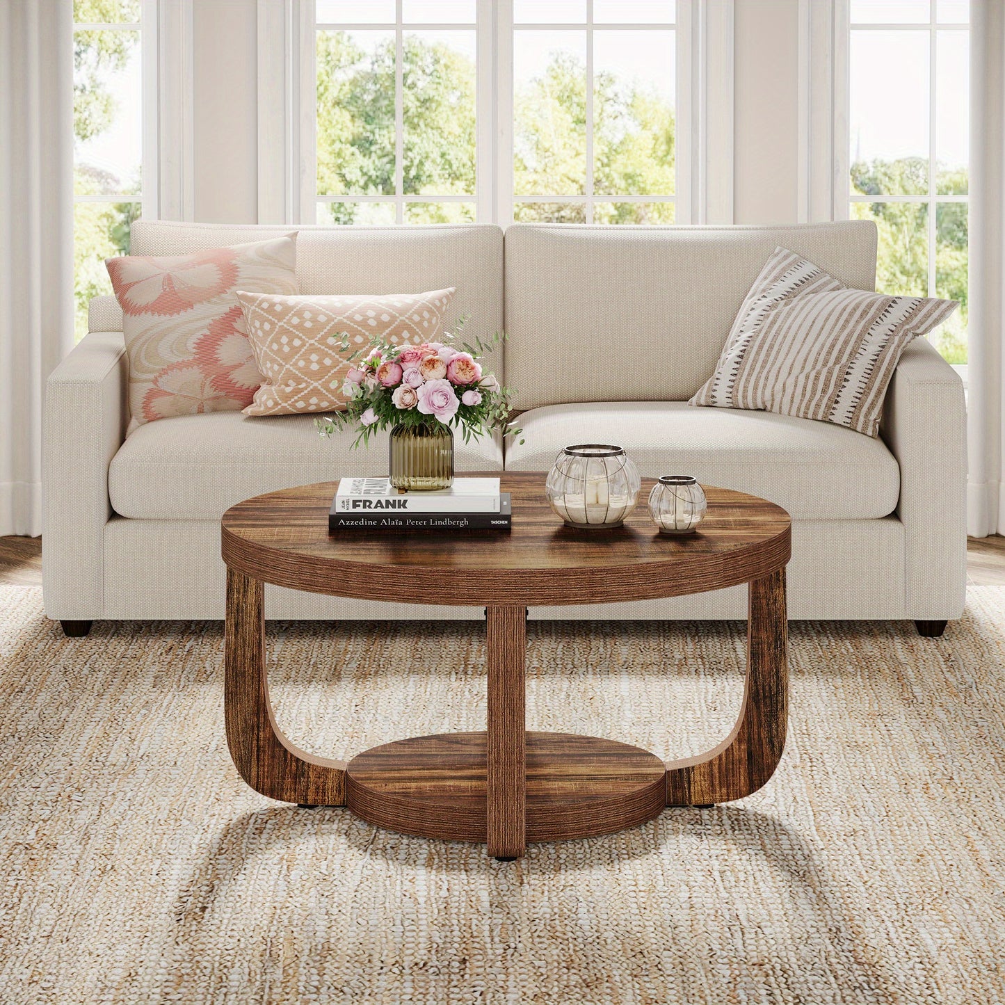 Modern Round Coffee Table with 2-Tier Storage – Rustic Brown Center Table