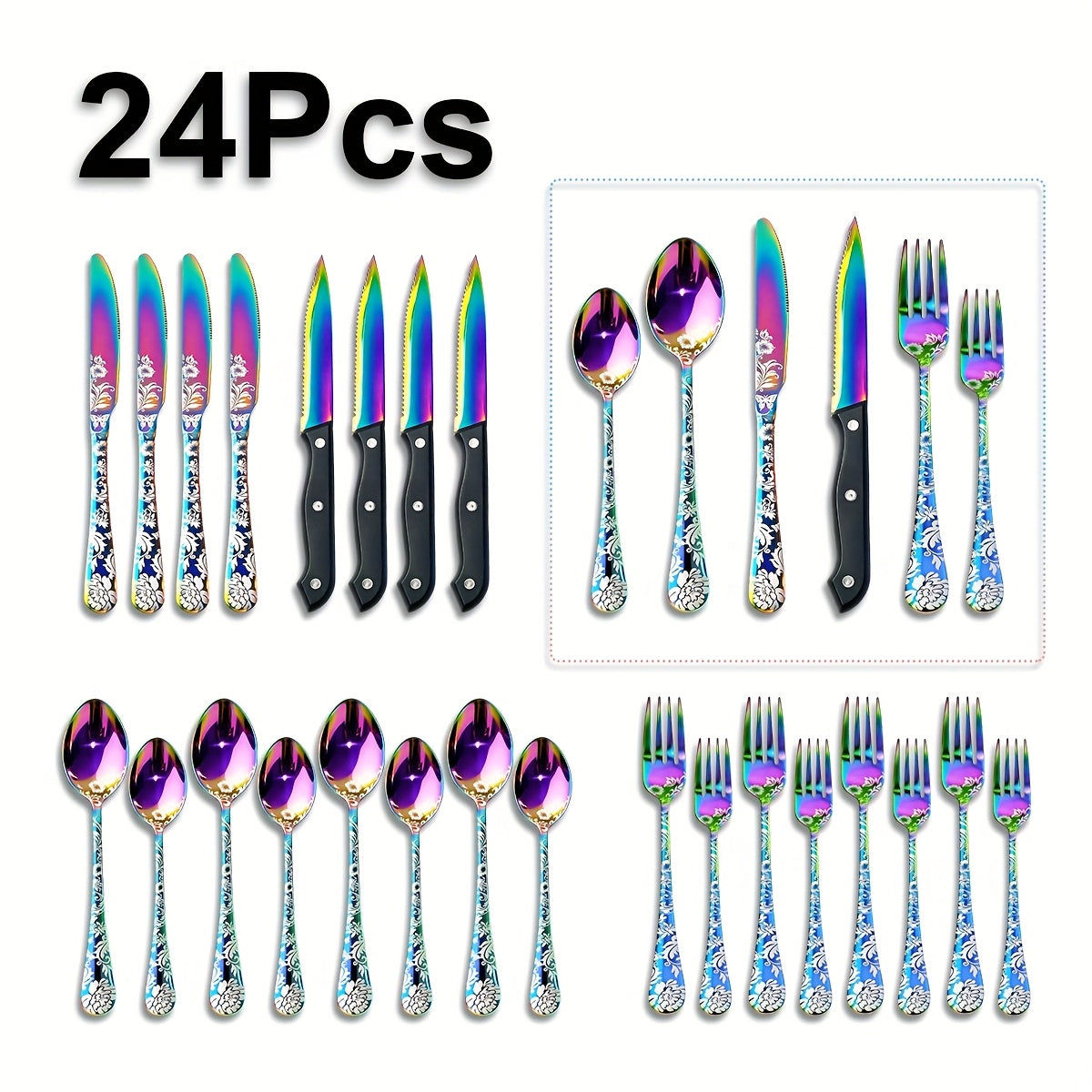 24pcs Stainless Steel Silverware, 4-Person 6pcs Laser-Etched Flatware Set, Flat Cutlery Set, Knife Fork Spoon Chopsticks Set, Suitable for Home, Hotel, Gatherings, Camping, Gifts - Vibrant Colors/Black