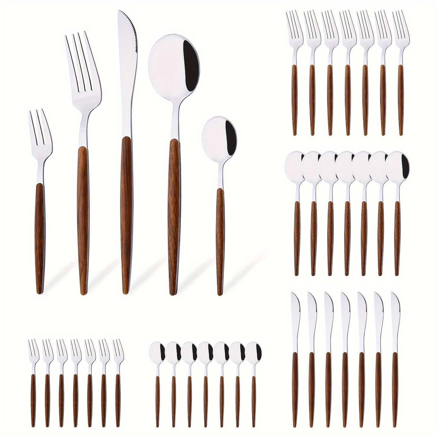 40pcs Cutlery Collection for Eight, Stainless Steel Flatware with Golden Mirror End, ABS Handles with Wooden Appearance, Kitchen Utensil Set Suitable for Home, Hotel, And Restaurant, Family Cutlery Set Featuring Knives, Forks